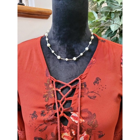 Altar’d State Red Floral Lace Up Boho Bell Sleeve V Neck Knee Length Dress Small - Picture 13 of 14